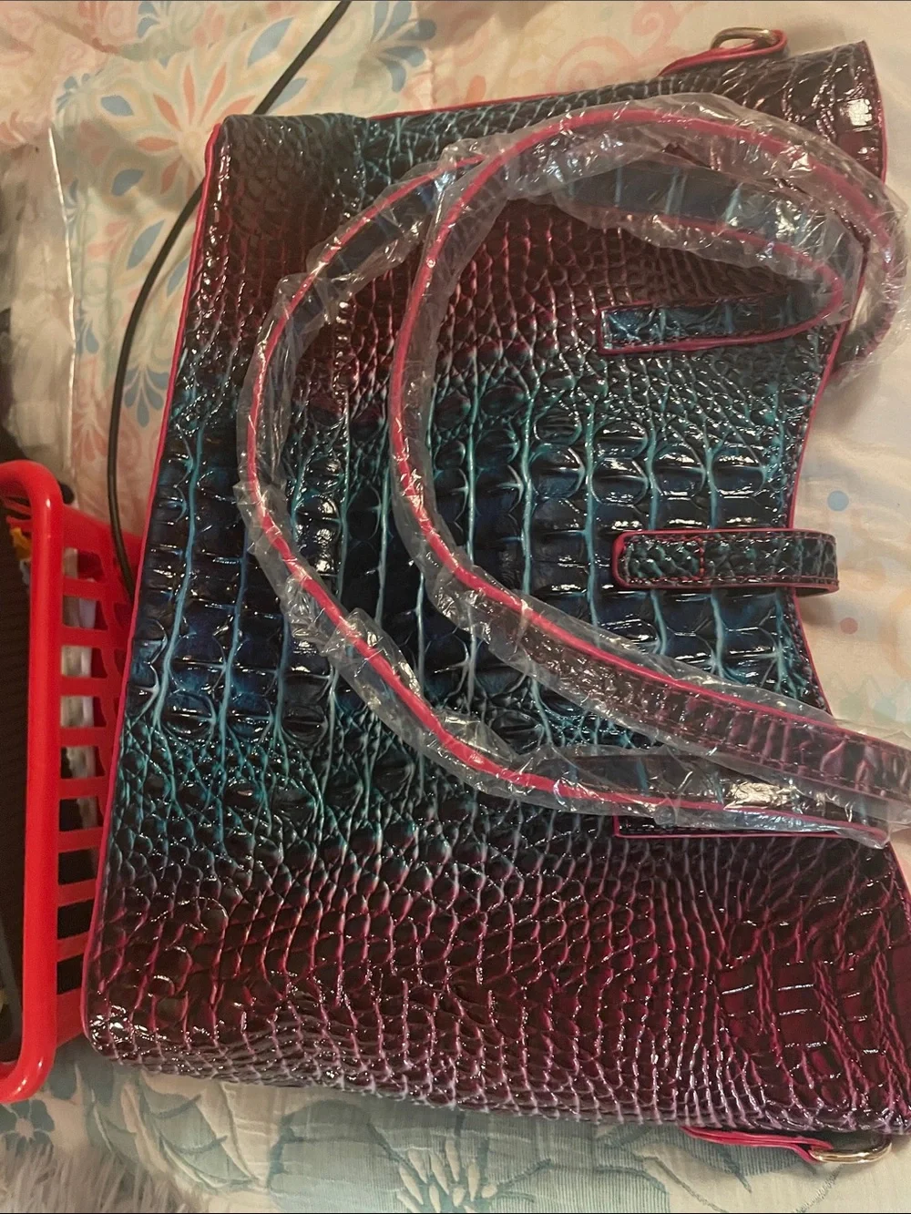 Women’s Ombre Croc-Embossed Tote Bag in Teal and Burgundy
